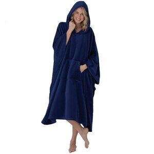 PajamaGram Womens Wearable Throw Bathrobe Dark Blue Twilight Onesize
